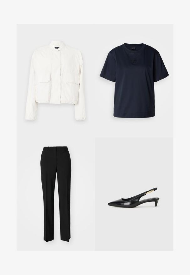 Cropped white jacket made of lightweight fabric featuring two front pockets, a stand collar, and a front snap closure.; Navy blue short-sleeve t-shirt made of soft cotton. Features a rounded neckline and a subtle embroidered logo on the chest.; Black tailored trousers with a straight-leg design, featuring a smooth texture and crisp creases along the front. No visible hardware.; Black leather slingback heels with a pointed toe, featuring a slim heel and a gold-tone accent on the adjustable strap. Smooth texture.