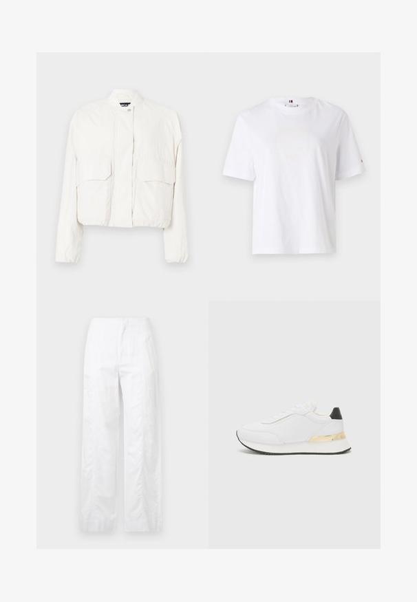 Lühendatud valge jakk, mis on valmistatud kerge kangast, sisaldab kahte esikotti, seisvat kraed ning ees olevat nööpkinnitust.; Valge puuvillane T-särk ümarate kaelaaukude, lühikeste varrukate ja peene kollase logoga, millel on tekst "HILFIGER NEW YORK 1985". Tavaline lõige.; Valged laiad püksid, mis on valmistatud kergetest materjalidest, omades siledat tekstuuri, puhtaid jooni ja kõrget vöökohta.; Valged sneakers sileda viimistlusega, millel on must kanna aktsent ja kuldne metalldetail keskosa peal. Traatidega disain, kummist talla.