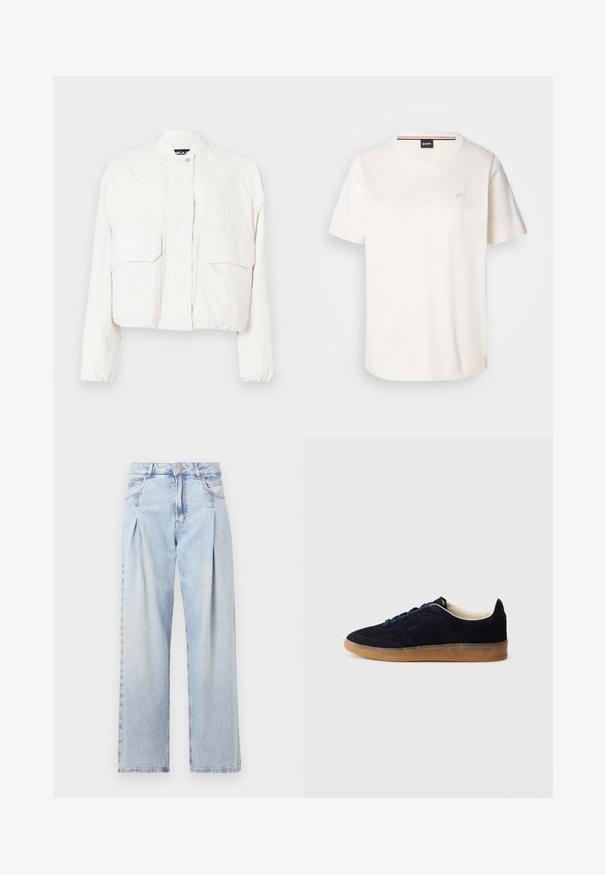 Cropped white jacket made of lightweight fabric featuring two front pockets, a stand collar, and a front snap closure.; White cotton t-shirt with short sleeves, round neckline, and a small logo on the chest. Smooth texture and straight hemline.; Light blue denim jeans with a high waist, wide-leg cut, two side pockets, and pleated design feature. Soft texture with a faded finish.; Navy suede sneaker with a gum rubber sole, blue laces, and minimalist design. Features embossed logo on the side and smooth inner lining.