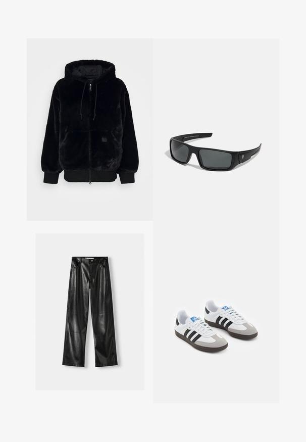 Sort faux fur hættejakke med lynlås foran, elastiske manchetter og en frontlomme. Den har en glansfuld inderfor og snøre-accent.; To langærmede trøjer: én sort og én hvid. Begge har en rund halsudskæring og en glat, ribbet tekstur. Brandmærket er synligt indeni halsudskæringen.; Sorte læder bukser med vide ben og en skinnende overflade, der har to forlommer, knaplukning og synlige sømdetaljer.; Sportsko med en overdel i hvid læder, grå ruskind på tåen og tre sorte striber. Har et blåt logo på tungen og en struktureret gummisål.; Sorte solbriller med en rektangulær stel, mørkegrå linser og en glat plastoverflade. Bemærkelsesværdig logoaccent på siden.; Sort nylon skuldertaske med en buet form, sølvfarvet kædeaccent, aftagelig mini-pung og justerbar rem; prydet med "Steve Madden" logo.