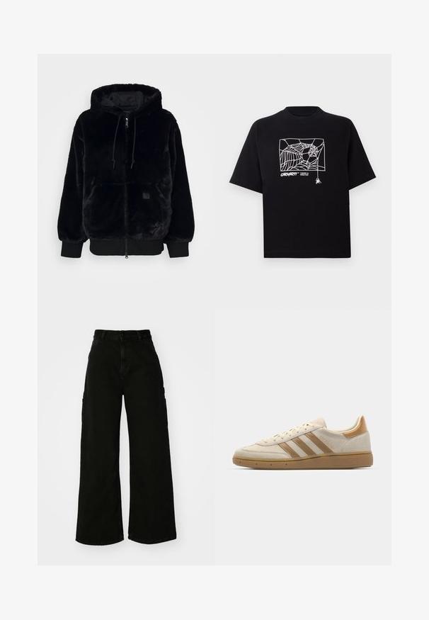 Melna mākslīgās kažokādas jakas ar kapuci un priekšējo zipsu, elastīgām piedurknēm un priekšējo kabatu. Iekšpuse ar spīdīgu odere un auklas akcentiem.; Melnā kokvilnas T-kreklā ir īsas piedurknes. Uz priekša ir balti zirnekļa tīkla grafika un logo. Vienkārša noapaļota izgriezne.; Melni platā kāju kravas bikses no denima, ar augstu vidukli, priekšējo pogu aizdari un sānu kabatām. Gluda tekstūra ar minimālu šuvju skaitu.; Beige zamšas tenisu ar gaiši brūniem akcentiem. Iezīmē trīs brūnas svītras, teksturēta gumijas zole un noapaļota purngala dizains.