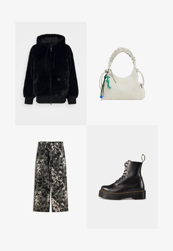 Schwarze Kunstpelz-Hoodie-Jacke mit Reißverschluss vorne, elastischen Bündchen und einer Fronttasche. Verfügt über ein glänzendes Innenfutter und einen Zugbandakzent.; Drei langärmelige Oberteile in Hellblau, Schwarz und Weiß. Das Design verfügt über einen runden Ausschnitt und eine weiche, leichte Stofftextur.; Hochtaillierte, weit geschnittene Hose mit einem strukturierten schwarz-weißen Blumenmuster auf grauem Hintergrund, mit einem klassischen Bund und vorderen Taschen.; Schwarze Leder-Schnürstiefel mit knöchelhohem Schaft, einer robusten schwarzen Sohle und gelben Nähten. Verfügt über eine Lasche hinten und runde Metallösen.; Off-white Handtasche aus Kunstleder mit gerafftem Griff, Reißverschlusstasche und grünem Anhänger. Glatte Textur, dezentes geprägtes Logo und elegantes Design.