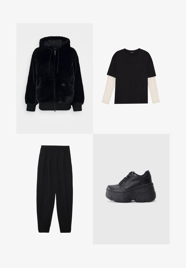 Zwarte nepbont hoodie met ritssluiting aan de voorkant, elastische manchetten en een voorkeep. Kenmerkt zich door een glanzende binnenvoering en een trekkoordaccent.; Zwarte T-shirt van katoen, met korte mouwen over een witte lange mouw laag met een subtiel textuurpatroon. Ronde hals ontwerp.; Zwarte, lichte broek met een elastische tailleband en gathered enkels. De stof is glad en heeft een ontspannen, taps toelopend ontwerp.; Zwarte vetersneakers met een dikke zool, voorzien van een bovenwerk van soepel leer, een ronde neus en een herkenbaar gelaagd platformontwerp.