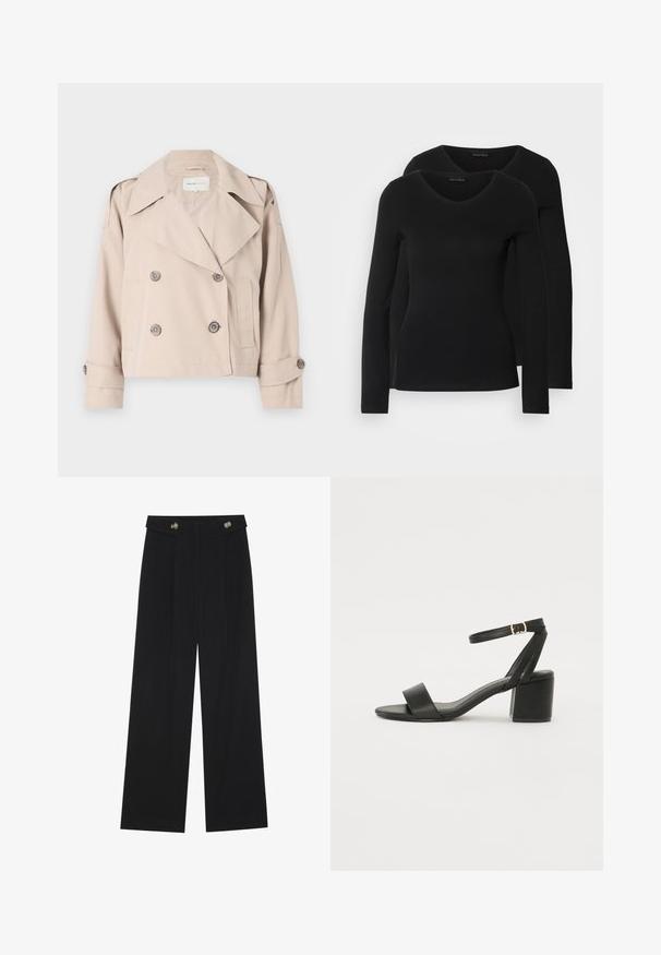 Beige kort trenchcoat med dobbeltbrystet knappelukking, brede revers og rullede mansjetter. Glatt tekstur, minimalistisk design.; To svarte langermede skjorter med V-halsdesign, laget av mykt, elastisk stoff, viser jevn tekstur og en tettsittende fasong.; Svart vide bukser med høy midje, knappdetaljer på midjebåndet og frontplisser.; Sorte hælede sandaler med en glat læderoverdel, åben tå, brede frontstropper og justerbar ankelstrop med en gold spænde detalje.