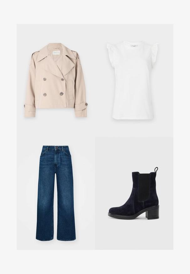 Beige színű, rövidített trench coat, dupla gombos záródással, széles hajtókákkal és felgöngyölt ujjakra. Simább textúra, minimális dizájn.; Fehér, rövid ujjú pamut póló fodros díszítéssel a vállaknál és kerek nyakkivágással. Sima textúra és klasszikus fazon.; Magas derekú, széles szárú farmernadrág sötétkék denimből, sima tapintással, kontrasztos varrással és öt zsebes kialakítással. Elöl gombos záródás.; Sötétkék velúr bokacsizma elasztikus oldalpanellel, kerek orral és tömbsarkal. A texturált szövet és a sima talp kontrasztot ad.