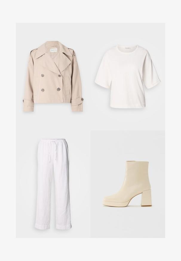 Beige kort trenchcoat med dobbeltbrystet knappelukking, brede revers og rullede mansjetter. Glatt tekstur, minimalistisk design.; Hvit bomull t-skjorte med en avslappet passform, korte oppbrettede ermer, rund hals og en glatt tekstur. Enkel, minimalisk design.; Hvite linbukser med en avslappet passform, elastisk midje og snor. Har rette ben og rullede kanter for et uformelt utseende.; Beige lærankelstøvlett med blokkhæl og plattformsåle, glatt overflate og lett firkantet tå, vendt mot venstre på hvit bakgrunn.