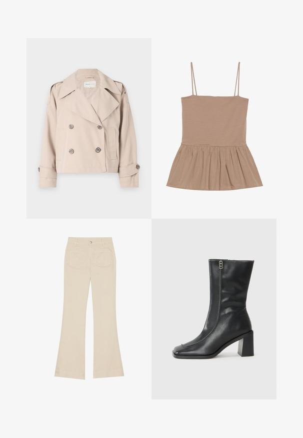 Bēšā īsā tranšele ar divrindu pogām, plašiem apkakles galiem un sarullētām piedurknēm. Gluda tekstūra, minimālisma dizains.; Gaišbrūns bezpiedurkņu topiņš ar plānām siksnām, pieguļoša bodice un izplešanās pepluma apakšmalu, izgatavots no mīksta auduma ar gludu tekstūru.; Bēšas platākā stila bikses ar augstu jostasvietu, izgatavotas no kokvilnas auduma. Iekļautas priekšējās un aizmugurējās kabatas, jostas cilpas un viena sudraba pogas.; Melna ādas potīšu zābaki ar kvadrātveida purngalu, sānu rāvējslēdzēju un masīlu kvadrātveida papēdi. Sastāvdaļas ar kontrastkrāsas dūrienu gar priekšējo šuvi.