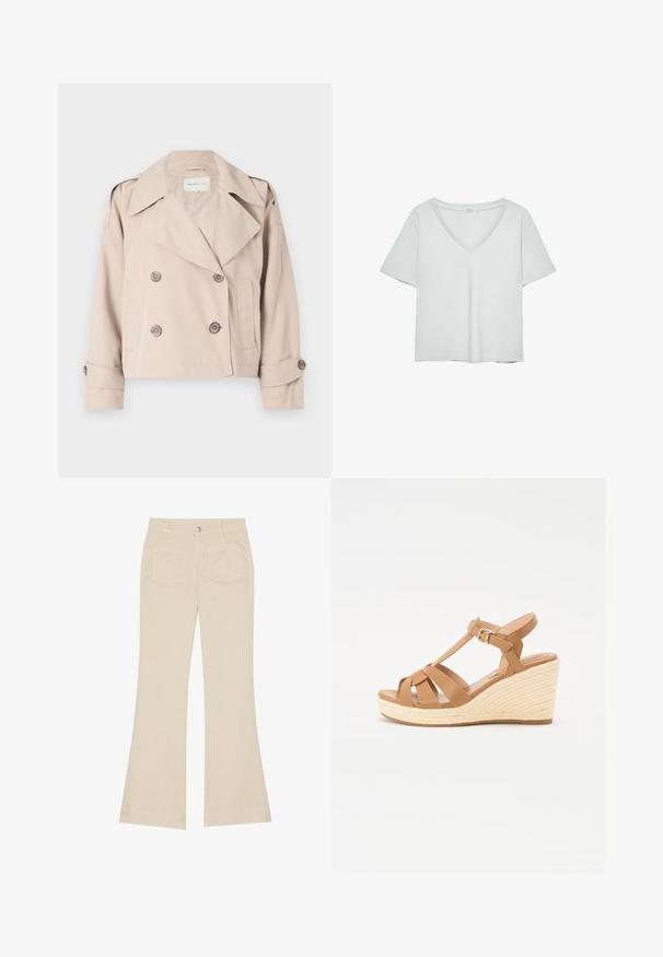 Beige zkrácený trench coat s dvojitým zapínáním na knoflíky, širokými klopami a ohrnutými manžetami. Hladká textura, minimalistický design.; Svetle šedé tričko s krátkým rukávem a výstřihem do V, vyrobené z jemného materiálu; má volný střih a čisté švy bez vzorů.; Béžové zvonové kalhoty s vysokým pasem, vyrobené z bavlněné tkaniny. Obsahují přední a zadní kapsy, poutka na opasek a jeden stříbrný knoflík.; Hnědé klínové sandály s křížovým designem, nastavitelnou přezkou kolem kotníku a texturovaným tkaným klínem ve stylu espadrille.