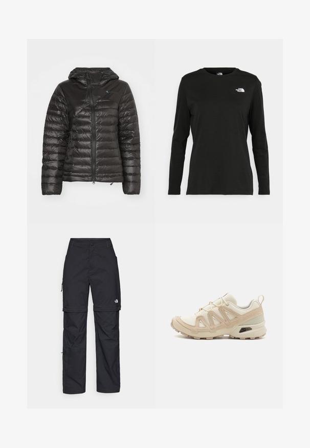 Čierna páperová bunda s kapucňou, s prešívaným dizajnom, horizontálnymi barmi a zipsovým predným zapínaním. Vyrobená z ľahkého, lesklého materiálu.; Čierne tričko s dlhým rukávom vyrobené z bavlny s okrúhlym výstrihom. Obsahuje malé biele logo na ľavej strane hrudníka. Jednoduchý dizajn a strih.; Čierne nylonové cargo nohavice s odnímateľnými nohavicami, nastaviteľnými manžetami, viacerými vreckami a logom na pravej nohe. Hladká, ľahká textúra.; Beige a krémová športová obuv s textúrovaným sieťovým zvrškom, podporujúcimi prekrytiami a gumovou podrážkou s dezénom pre trakciu.