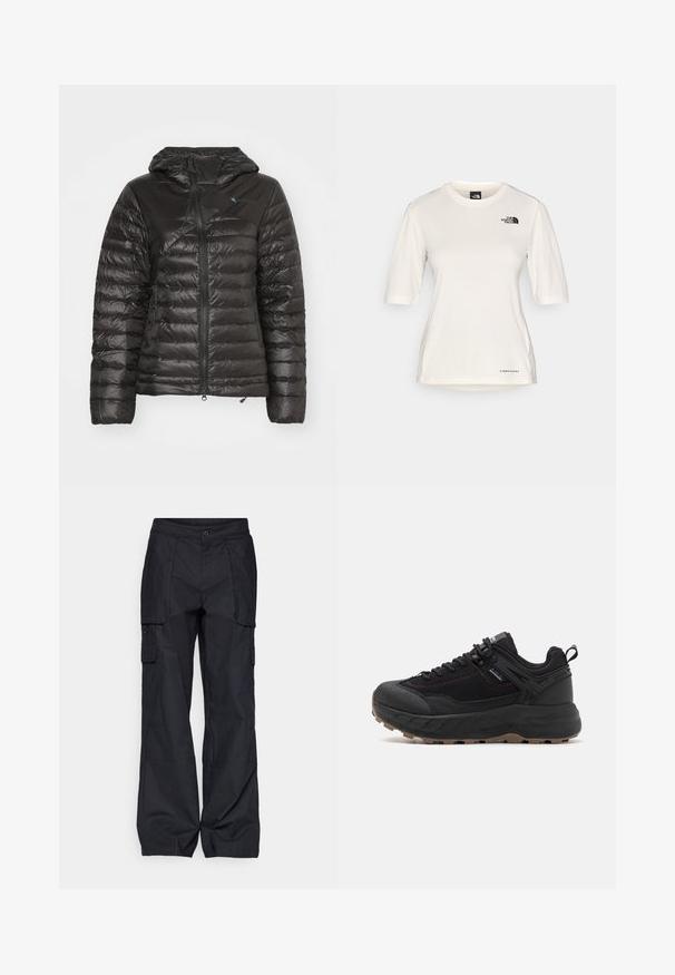 Juodas pūkinis paltas su kapišonu, turintis siūtu dizainu, horizontalius klostes ir užtrauktuką priekyje. Pagamintas iš lengvos, blizgios medžiagos.; The North Face SHADOW SHORT SLEEVE - Sportiniai marškinėliai trumpomis rankovėmis - white dune; Columbia BREA FALLS™ COTTON RIPSTOP PANT - Lauko kelnės - black; Juodi sportiniai batai su tekstūruota odos ir audinio viršutine dalimi, raštuota padu, sustiprintu pirštu ir reguliuojamu raišteliu.