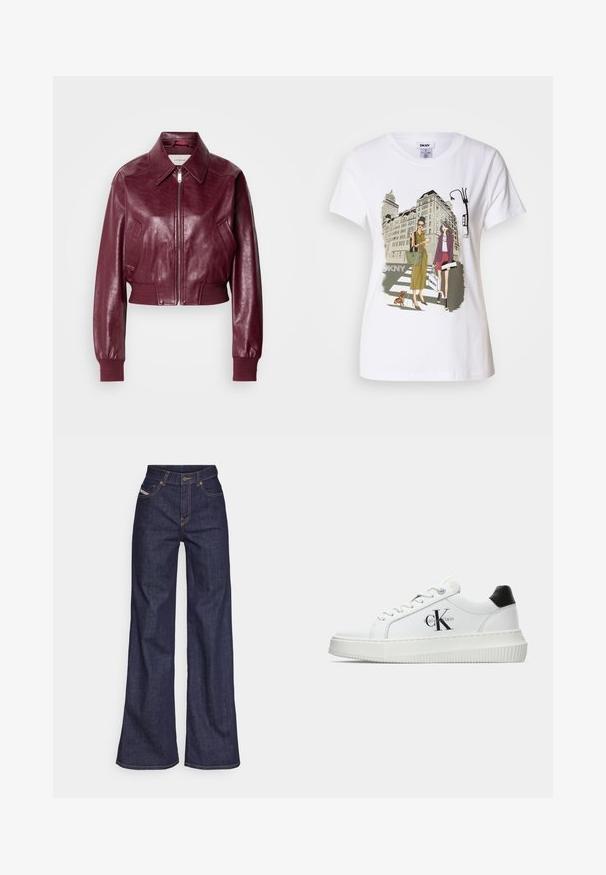 Calvin Klein Jeans - Kurtka Bomber; Biała bawełniana koszulka z nadrukowanym obrazkiem dwóch kobiet w miejskich stylach mody z psem na przejściu dla pieszych oraz budynkami w tle.; Ciemnoniebieskie dżinsy szerokie w nogawkach wykonane z denimu, z wysokim stanem, z pomarańczowymi przeszyciami, pięcioma kieszeniami i zapięciem na guzik.; Białe sneakersy typu low-top z czarnym paskiem na pięcie, platformą, sznurowadłami i logo "CK" marki Calvin Klein na boku.