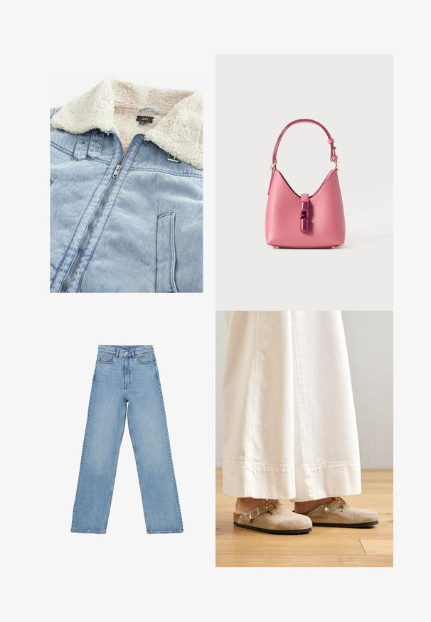 Jeanskjacka med en sherpa-fodrad krage, ljusblå färg, dragkedja fram och fickdetaljer. Etikett synlig i krageområdet.; Ljusblå skjorta med knappar och vertikala vita och tunna röda ränder, långa ärmar, klassisk krage och böjd nederkant.; Ljusblå denimjeans med hög midja, rak bendesign, som har fem fickor och knappstängning. Inga synliga mönster.; Beiga mockasiner i mocka med en spännsrem och nitar, bärs med vita vida byxor, placerade på ett trägolv.; Rosa läderhandväska med en strukturerad form, med en glänsande stängning och ett enda justerbart band. Texturerad yta med detaljer i guld.