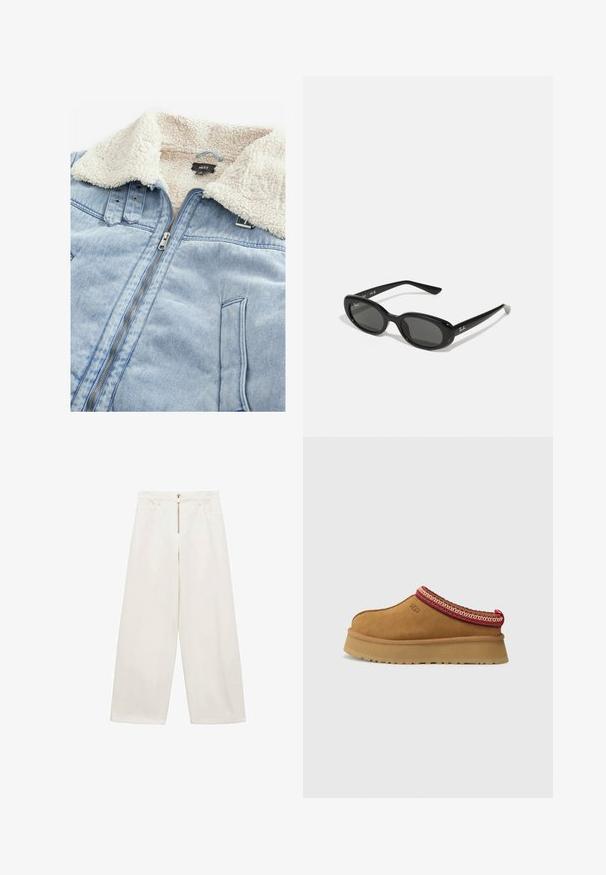 Džínová bunda s límcom podšitým sherpa, svetlomodrá farba, predný zips a detaily vrecka. Označenie viditeľné v oblasti límca.; Tmavomodrá denímová látka s hladkým povrchom, ktorá má kontrastné oranžové prešívanie a preložený materiál, pričom zdôrazňuje jej hĺbku a detaily.; Široké nohavice z off-white bavlnenej látky. Přední zips a dva bočné vrecká. Hladká textura a uvoľnený strih.; Hnedá semišová obuv na slip-on s červeným a krémovým vzorovaným lemovaním, textúrovanou podrážkou a logom UGG na boku. Obsahuje mierne zvýšenú platformu.; Čierne slnečné okuliare s oválnymi šošovkami, lesklý plastový rám a štíhle ramienka. Na boku majú biele logo Ray-Ban.; Červená kožená taška cez rameno s zakriveným dizajnom, hladkou textúrou a zipsovým uzáverom. Obsahuje tenký popruh na nosenie.