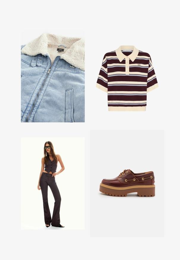 Jeans jakna s krzna obloga ovratnikom, svetlo modre barve, sprednjim zadrgo in podrobnostmi žepov. Oznaka vidna znotraj območja ovratnika.; Polo majica kratkih rukava u bordo i krem prugama s svijetloplavim detaljima, s ovratnikom i gumbima. Mekani pleteni materijal.; Rjav prugast brezrokavnik in široke hlače, ki sta okrašeni z gumbi in teksturirano tkanino. Črne sandale z odprtimi prsti in oversize sončna očala.; Rjavi usnjeni čolnar s debelim rjavim gumijastim podplatom, zlatimi luknjicami in kontrastnim šivom. Ima logotip na strani.