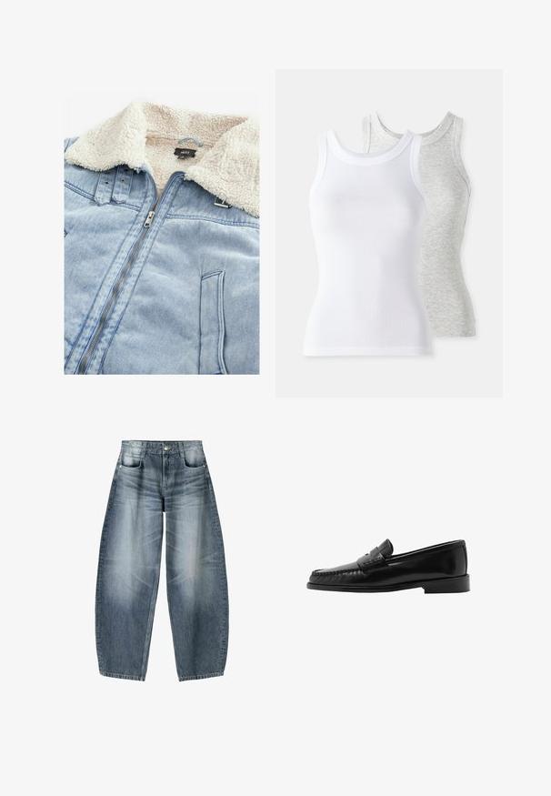 Džínová bunda s límcom podšitým sherpa, svetlomodrá farba, predný zips a detaily vrecka. Označenie viditeľné v oblasti límca.; Dve tielka bez rukávov: jedno biele s ribovanou textúrou a druhé svetlošedé s jemným melírom. Obe majú okrúhle výstrihy.; Džínsy s širokými nohavicami vyrobené z svetlomodrého denim materiálu s opotrebovaním, s piatimi vreckami, zapínaním na gombík a minimálnym prešívaním.; Čierne kožené mokasíny s zakrivenou siluetou, dekoratívnym pásikom, textúrovaným šitím a plochou gumovou podrážkou. Hladký povrch a elegantný dizajn.