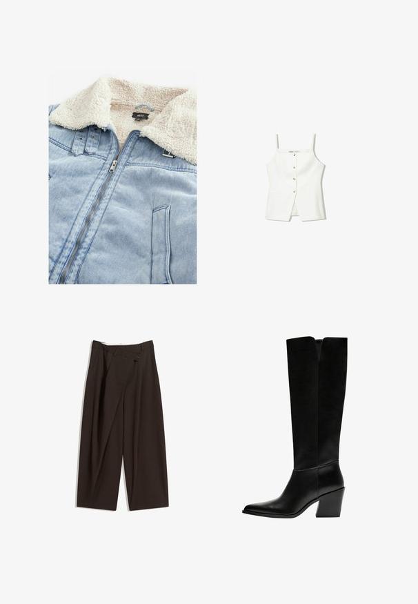 Jeansjack met een sherpa-gebufferde kraag, lichtblauwe kleur, voorrits en zakdetails. Etiket zichtbaar in het kraaggebied.; Witte mouwloze top met een knopenfront, zijzakken en een getailleerd ontwerp met een licht uitlopende zoom. Soepele textuur, minimale details.; Donkere bruin wijde broek met een hoge taille, voorzien van een enkele knoopsluiting en een geplooide voorkant. Gemaakt van lichtgewicht stof.; Zwarte laarzen tot de knie van soepel leer, met een puntige neus, een blokhak en een V-vormige uitsparing aan de bovenkant.