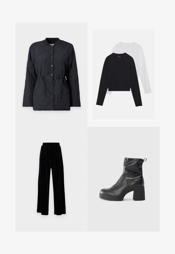 Μαύρο επενδυμένο μπουφάν με πλισέ γιακά, κλείσιμο με κουμπιά και ρυθμιζόμενη κορδόνι στη μέση για άψογη εφαρμογή.; Δύο μακρυμάνικες μπλούζες: μία μαύρη και μία λευκή. Και οι δύο διαθέτουν στρογγυλή λαιμόκοψη, ράγκελαν μανίκια και απαλή σύνθεση από βαμβάκι.; Μαύρο παντελόνι με φαρδιά πόδια, φτιαγμένο από μαλακό βελούδο, με ελαστική μέση και λεία υφή, χωρίς ορατές λεπτομέρειες ή σχέδια.; Μαύρες μποτές μέχρι τον αστράγαλο από λείο δέρμα, με πλευρικό φερμουάρ, χοντρό υφασμάτινο τακούνι και στρογγυλή μύτη.