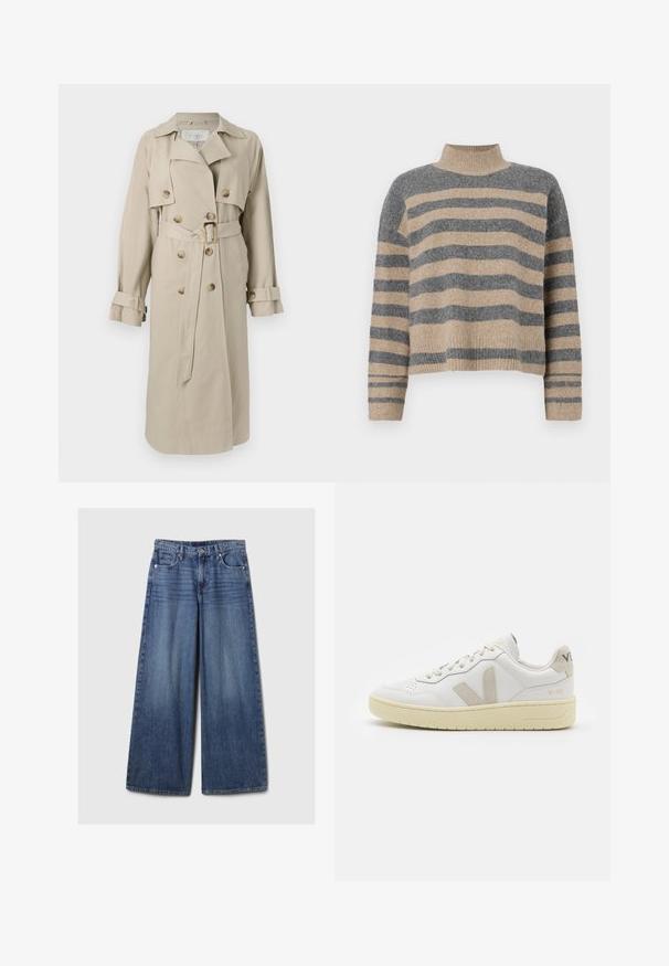 Trench-coat beige en tissu léger, avec des boutons croisés, une taille ceinturée et des manches retroussées.; Pull en maille rayé aux couleurs grises et beiges, col haut, manches large à poignet, coupe décontractée avec un design court.; Jean en denim bleu à jambes larges avec une finition délavée, doté d'une fermeture à bouton et à glissière, de cinq poches et de passants de ceinture.; Baskets blanches en cuir avec des accents en daim beige, boîte à orteils perforée, lacets plats et semelle texturée crème. Présente un logo discret au talon.
