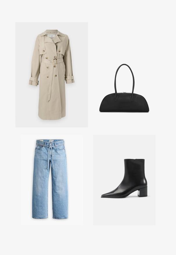 Trenci bej din material ușor, cu nasturi suprapuși, talie cu curea și mâneci cu manșete.; Cămașă albă cu mâneci lungi, confecționată dintr-un material moale. Prezintă un design ajustat, cu detalii strânse la talie și un guler rotund.; Jeanși cu talie înaltă, de culoare albastru deschis, cu picioare largi, închidere cu nasture și fermoar, și detaliu cu șnur la talie. Terminare brută a marginii.; Botină neagră din piele, cu vârful ascuțit, textură netedă și toc mediu bloc. Design minimalist, închidere cu fermoar la spate.; Geantă de piele neagră cu un design curbat, două mânere lungi și accente din argint. Textură netedă, fără modele sau accente vizibile.