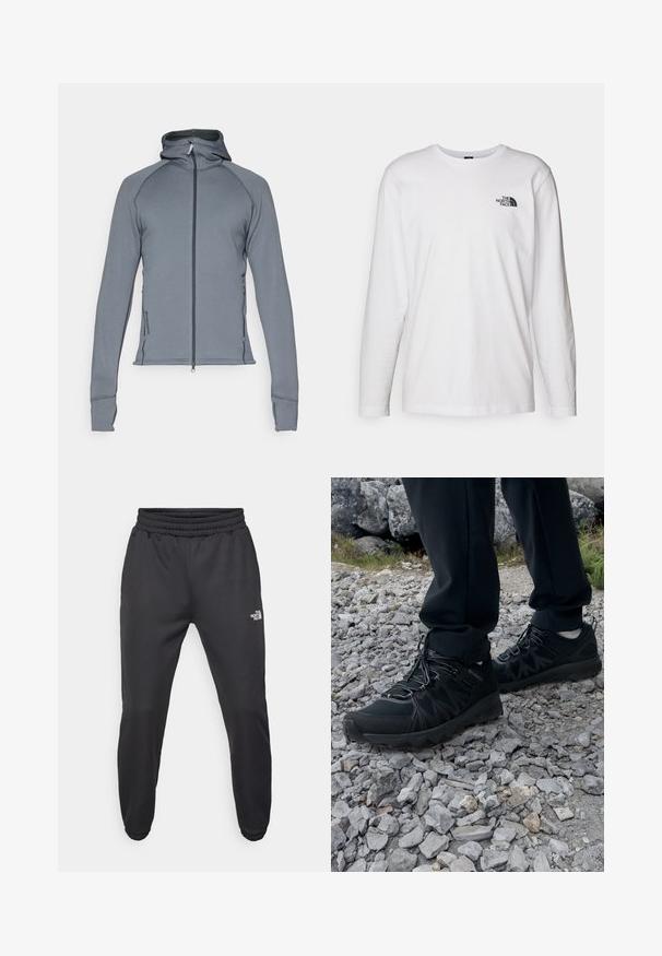 Grijze hooded jack gemaakt van rekbare stof. Bevat een voorkant met ritssluiting, lange mouwen en zijzakken met rits en contrasterend stiksel.; Witte lange mouwen T-shirt gemaakt van katoen met een ronde hals. Beschikt over een klein zwart logo op de borst. Soepele textuur, normale pasvorm.; Zwarte sweatpants met een trekkoord in de taille, tapered fit, elastische boorden en een klein wit logo op de linker dij, gemaakt van gladde stof.; Zwarte buitenschoenen van mesh en synthetisch materiaal, met een gestructureerd bovenwerk, een beveiligd vetersysteem en een robuuste zool, op een ruig terrein.