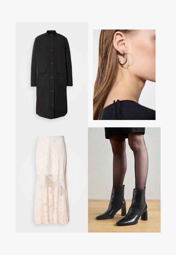Svart lång kappa med rund halsringning, framknäppning med tryckknappar, två fickor och en strukturerad tyg, med en rak siluett.; Svart linne i mjukt, stretchigt material. Har rund halsringning och breda axelremmar, med en figurnära silhuett och slät yta.; Blommig spets midikjol i krämfärg; har en lagerdesign med genomskinliga sektioner, texturerad spets och en utsvängd nederkant.; Svarta läderankelstövlar med spetsig tå, kraftig kvadratisk klack och en slank design. Har elastiska sidopaneler för enkel påtagning.; Silverörhänge med polerad yta, med små detaljer i guld och rund form, bärs på loben.