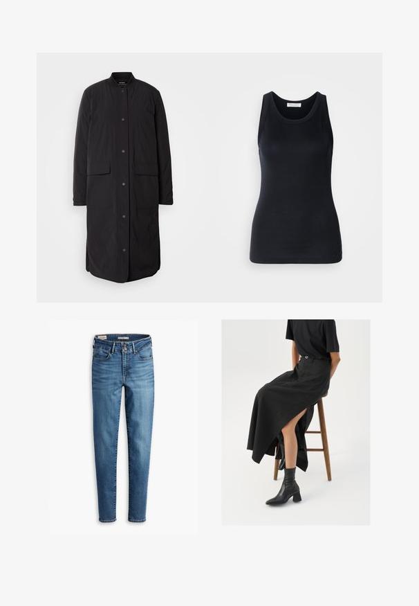 Fekete hosszú kabát, kerek nyakkal, elöl patentgombokkal, két zsebbel és textúrált anyagból készült, egyenes sziluettel.; Fekete ujjatlan felső, puha, rugalmas anyagból készült. Kerek nyakkivágással és széles vállpántokkal rendelkezik, testhezálló szabású és sima textúrájú.; Felső derékig érő, karcsú farmernadrág világoskék denim anyagból. Öt zseb, elöl gombos zárás és klasszikus varrási részletek jellemzik.; Fekete len maxi szoknya magas hasítékkal, fekete pólóval és fekete bokacsizmával viselve. Minimalista dizájn, laza illeszkedéssel.
