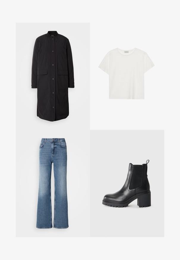 Svart lang frakk med rund hals, frontlommer med trykknapper, to lommer og strukturert stoff, med en rett silhuett.; Hvit T-skjorte med kort erm laget av myk bomull. Har rund hals og avslappet passform. Rent design uten synlige mønstre eller aksenter.; Mos Mosh MAI - Jeans straight leg - blue wash; Svart lær ankelstøvel med en kraftig hæl, elastiske sidepaneler og en løftestrop bak. Teksturert såle for bedre grep.