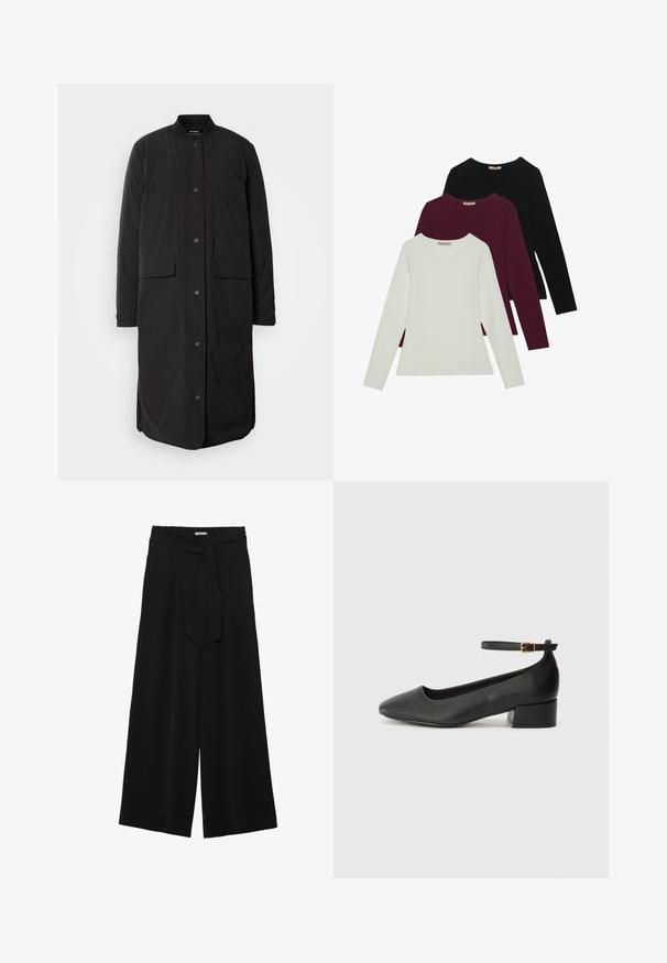 Svart lang frakk med rund hals, frontlommer med trykknapper, to lommer og strukturert stoff, med en rett silhuett.; Langermede t-skjorter i hvit, burgunder og svart. Laget av myk stoff med rund hals og tettsittende design. Egnet for lag-på-lag-styling.; Svart vide bukser med teksturert stoff, elastisk midje og avtagbart belte som gir justerbar passform.; Sorte skinnpumper med spiss tå og lav blokkhelt. Har ankelrem med gullfarget spenne. Glatt tekstur.