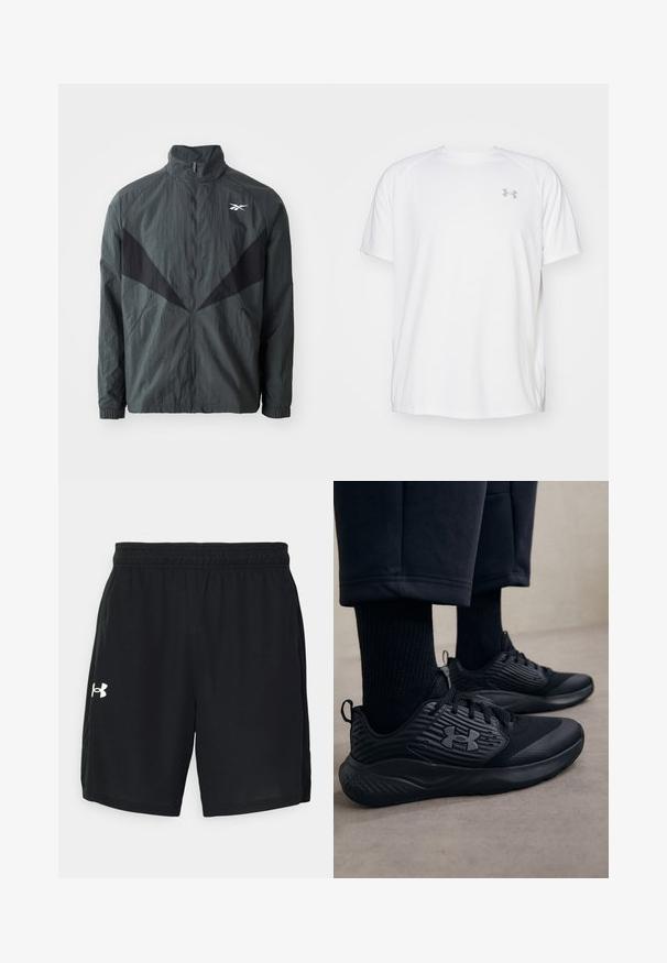 Svart og grå jakke med høy krage, glidelås og elastiske ermer. Har et strukturert stoff og skrå svarte innsatser på fronten.; Hvit treningstopp med korte ermer laget av glatt stoff. Har rund hals og grått logo på venstre bryst, med sidesplitter i kanten.; Svarte sportslige shorts laget av lett materiale, med elastisk midjebånd og en hvit logo på venstre side.; Person som har på seg svarte treningssneakers med teksturerte sider og logo, kombinert med svarte sokker og cropped bukser på et lyst gulv.