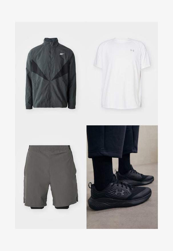Svart och grå jacka med hög krage, dragkedja och elastiska ärmar. Har en strukturerad tyg och snedställda svarta insatser framtill.; Vit kortärmad träningsskjorta tillverkad av mjukt tyg. Har rund halsringning och en grå logo på vänster bröst, med sidoflikar vid fållen.; Grå idrottsshorts med ett slätt, lättviktigt tyg och resårmidja, med inre kompressionsshorts och sidofickor.; Person som bär svarta träningsskor med texturerade sidor och logotyp, ihopparat med svarta strumpor och korta byxor på ett ljust golv.