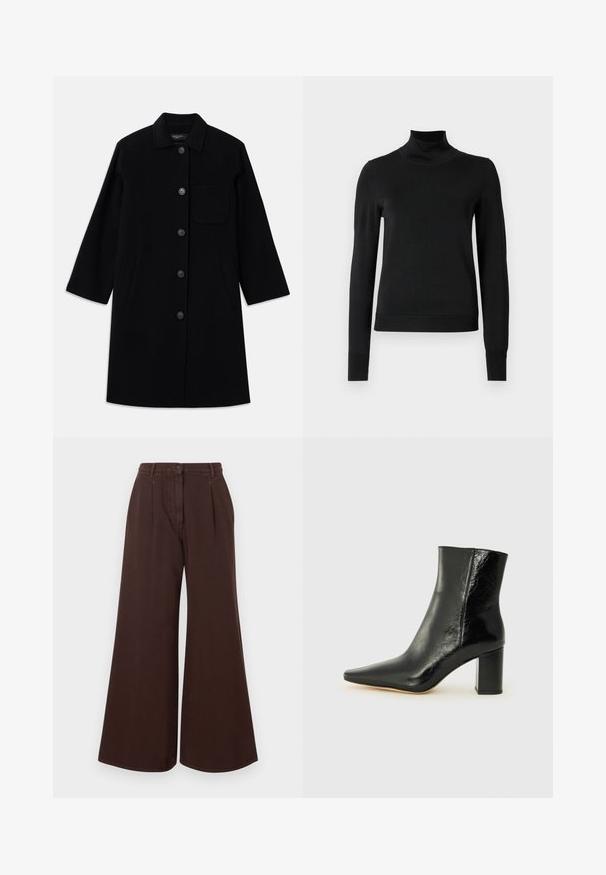 Must mustkatest villane mantel, sirge lõike, nuppluku ja ühe rinna taskuga. Teile on küljetaskud ja kolmeveerandi varrukad.; Mustmusterta mustaga pikkade varrukatega kõrge kaelusega sviiter, millel on ribakudumisega mansetid ja äär, esitatud lihtsal valgel taustal.; Kõrge vöökoht, laiad pruunid püksid nupuga ja tõmblukuga, vöörihmadega ning ees olevate voltidega.; Mustad muste saapad, mis on valmistatud läikivast nahast, terava koonuse ja tugeva ruudukujulise kandiga. Omab sileda tekstuuri ja minimalismi kujundust.