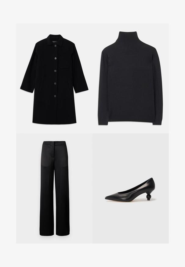 Schwarzer Wollmantel mit geradem Schnitt, Knopfverschluss und einer Brusttasche. Verfügt über seitliche Taschen und Dreiviertelärmel.; Schwarzer Rollkragenpullover aus weichem Material. Mit langen Ärmeln, einem hohen Kragen und gerippten Bündchen und Saum für einen figurbetonten Look.; Schwarze weit geschnittene Hose mit strukturierter Oberfläche, ausgestattet mit einem flachen Bund und zwei Seitentaschen. Der Stoff wirkt leicht und fließend.; Schwarze Leder-Pumps mit spitzem Zehenbereich und runder, ballförmiger Ferse. Glatte Textur mit einem eleganten, minimalistischen Design.