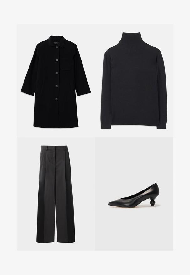 Palton negru din lână, cu o croială dreaptă, închidere cu nasturi și un singur buzunar pe piept. Dispune de buzunare laterale și mâneci trei sferturi.; Pulover negru cu guler înalt, fabricat dintr-un material moale. Are mâneci lungi, un guler înalt și manșete și tiv cu dantelă pentru un aspect ajustat.; Pantaloni negri cu talie înaltă, cu picioare largi, având pliseuri frontale, o textură netedă și un finisaj croit. Concepuți pentru o croială relaxată.; Pantofii cu toc înalt din piele neagră, cu vârf ascuțit și toc rotund, mimos. Textură netedă, cu un design elegant și minimalist.