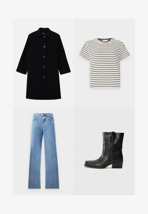 Zwarte wollen jas met een rechte snit, knoopsluiting en een enkele borstzak. Bevat zijzakken en driekwartmouwen.; Katoenen T-shirt met korte mouwen en een ronde hals, met zwarte verticale strepen op een witte achtergrond en een rechte snit.; Lichtblauwe denim jeans met een wijde pasvorm, vijf zakken, lussen voor een riem en een knoopsluiting. De stof heeft een gladde textuur.; Zwarte leren enkellaars met een ronde neus, blokhak, zijrits en stikselaccenten op de wreef. Gladde textuur, klassiek ontwerp.