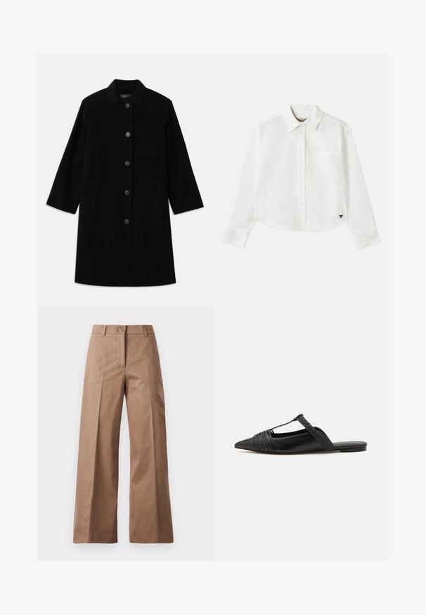 Melna vilnas mētelis ar taisnu griezumu, pogu aizdari un vienu krūšu kabatu. Iespējamas sānu kabatas un trīs ceturtdaļu piedurknes.; Balta, īsa garuma piedurkņu krekls, kas izgatavots no kokvilnas. Tam ir pogājama priekšpuse, krūšu kabata un mazs melns logo apakšējā kreisajā stūrī.; Brūni platajās kājas bikses, izgatavotas no gludas auduma, ar priekšējo pogu aizdari, divām priekšējām kabatām un tīrām, pielāgotām līnijām.; Melnas ādas slingback kurpes ar norādītu purngali, kurām ir austoša akcenta un krokota augšdaļa. Plakana zole ar minimālu aparatūru.