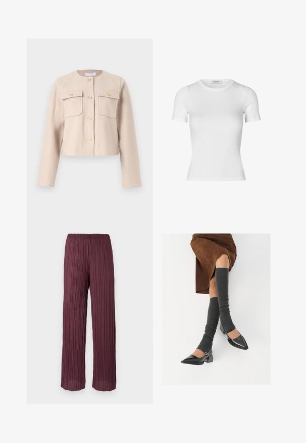 Smėlinis, trumpas švarkas, pagamintas iš švelnios medžiagos, su ilgomis rankovėmis, auksinėmis sagomis ir dviem krūtinės kišenėmis. Klasikinis apvalus iškirpimas su minimaliniu dizainu.; Balta trumpa rankovėmis marškinėliai, pagaminti išリbrebės medvilnės audinio. Paruošta išvaizda su apvaliu iškirpimu ir lygiu paviršiumi. Be raštų ar puošmenų.; Giliai bordo spalvos plisuotos kelnės su elastingu juosmeniu, pasižyminčios plačia, laisvai krentančia forma ir vertikaliomis raukšlėmis visame paviršiuje.; Juodi lakuoti odiniai batai su aštriu kuma ir bloko kulnu, derinami su pilkais riebiais kojų šildytuvais ir rudais zomšiniais sijonais.