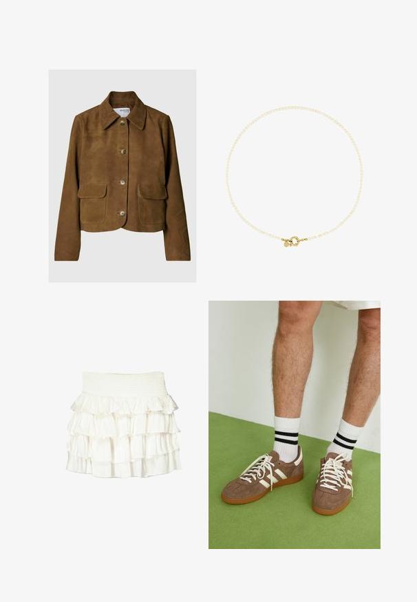 Giacca in suede marrone con colletto, chiusura frontale con bottoni e due tasche sul petto. Presenta un design accorciato e una texture liscia.; Canotta bianca a costine con un logo ricamato nero centrato sul petto. Il colletto e le aperture delle braccia sono rifiniti con un sottile bordino.; Gonna bianca con ruches e vita arricciata. Presenta volant sovrapposti in tessuto trasparente che creano un aspetto texturizzato e fluttuante.; Sneaker in suede marrone con dettagli e lacci bianchi. Suola in gomma color gomma. Indossati con calzini bianchi con righe nere. Pavimento verde texturizzato.; Collana di perle bianche con chiusura in oro, caratterizzata da piccole perle di forma irregolare e un accento decorativo vicino alla chiusura.