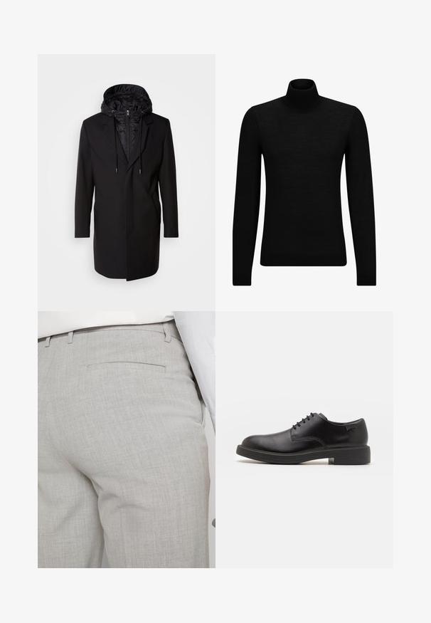 Abrigo negro con capucha acolchada desmontable, cierre de cremallera, bolsillos laterales y un diseño entallado. Textura suave y líneas limpias en todo el abrigo.; Jersey de cuello alto negro hecho de un material suave, con mangas largas y un ajuste ceñido. Ribete acanalado en el dobladillo y los puños. Diseño simple.; Pantalones grises claros a medida hechos de tela texturizada, con un solo bolsillo trasero y costuras limpias.; Zapato negro de cuero con cordones, punta redondeada, textura suave, costuras mínimas y tacón bajo de goma. Logo en el tacón.