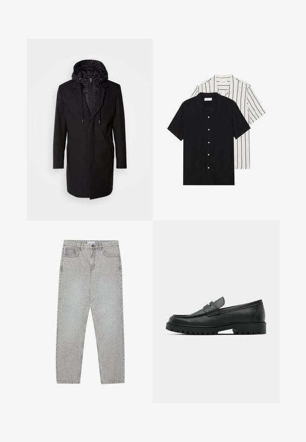 Mustapuku, jossa on irrotettava pehmustettu huppu, vetoketjukiinnitys, sivutaskut ja räätälöity muotoilu. Suora pinta ja siistit linjat kauttaaltaan.; Kaksi lyhythihaista puseroa: yksi yhtenäinen musta, toinen valkoinen mustilla pystyraitoilla. Molemmissa on napitus ja klassinen kaulus.; Vaaleanharmaat farkut, joissa on suora lahje, viisi taskua ja nappisulku. Saumojen varrella näkyvä ompelu.; Musta nahkaloafers, joissa on pyöreä kärki, ommeltu pinta, matala alusta ja kuvioitu, kuminen ulkopohja.