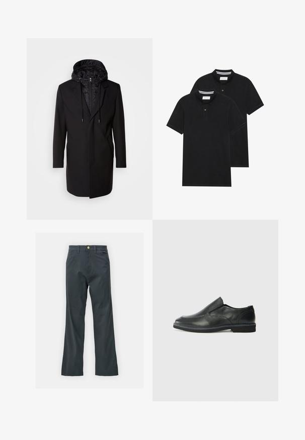 Črn plašč z odstranljivo podloženo kapuco, zadrgo, stranskima žepoma in krojem po meri. Gladka tekstura in čiste linije po celotni dolžini.; Dve črne polo majice, kratke rokave, iz bombažnega materiala, z klasik ovratnikom, dvobodno zaponko in belimi črtkami znotraj ovratnika.; Črne hlače s ravnim krojem, izdelane iz mešanice bombaža. Imajo kovinsko zaponko in stranske žepe. Brez vidnih vzorcev.; Črne usnjene natikače z gladkim zgornjim delom, prišitimi detajli, zaobljenim nosom in nizkim gumijastim petkom. Podplat ima minimalen profil.