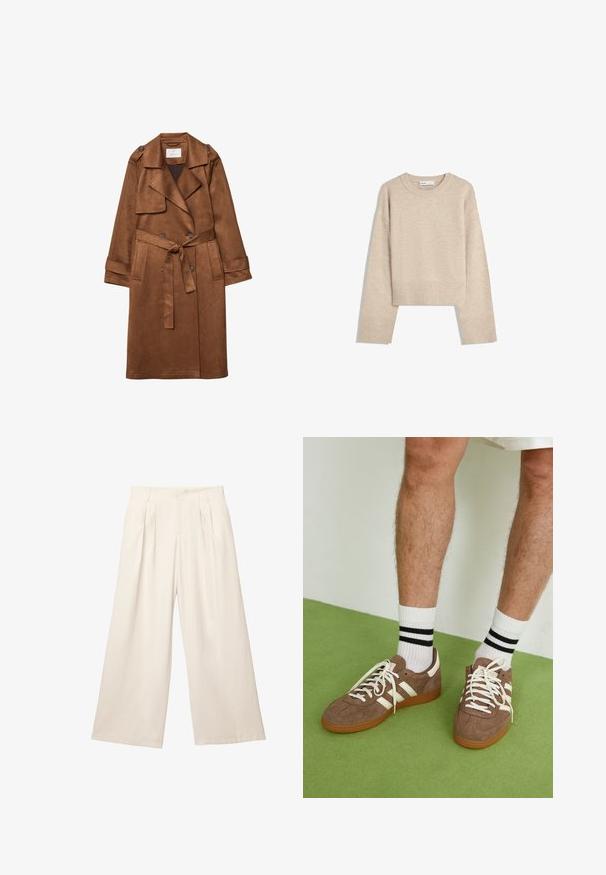 Smeđa faux suede kaput s dvostrukim kopčanjem, remenom u struku, velikim reverima i bočnim džepovima. Sadrži akcentne dugmadi.; Bežani skraćeni pulover napravljen od mekog pletenog materijala. Ima okrugli izrez, duge rukave i rebraste manžete i porub za dodatnu teksturu.; Hlače širokih nogavica u svijetlo bež boji od mekog, teksturiranog materijala. Imaju prednje nabore i elastičnu traku u struku za opuštenu prilagodbu.; Smeđe nubuk tenisice s bijelim detaljima i vezicama. Gumeni potplat. Nosene s bijelim čarapama s crnim prugama. Zeleno teksturirano pod.