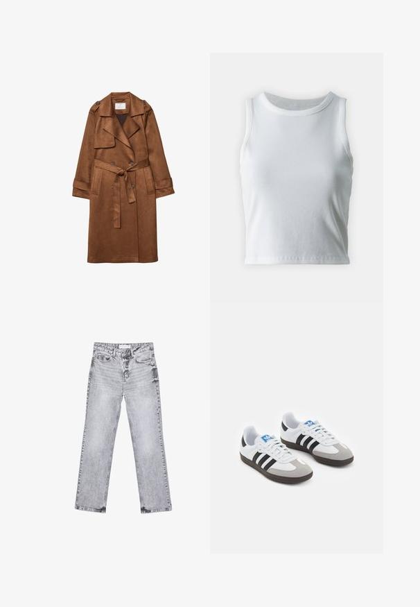 Brązowy sztuczny zamszowy płaszcz trench z podwójnym zapięciem, paskiem w talii, dużymi klapami i bocznymi kieszeniami. Posiada akcenty guzikowe.; Biała, prążkowana koszulka na ramiączkach z okrągłym dekoltem i bez rękawów, z prostym dołem i gładką, elastyczną teksturą.; Szare dżinsy o prostym kroju nogawki, z przetarciami, pięcioma kieszeniami i miedzianymi nitami. Pasek w talii posiada metkę z logo.; Buty sportowe z białą skórzaną cholewką, szarym zamszowym noskiem i trzema czarnymi paskami. Posiadają niebieskie logo na języku oraz teksturowaną gumową podeszwę.