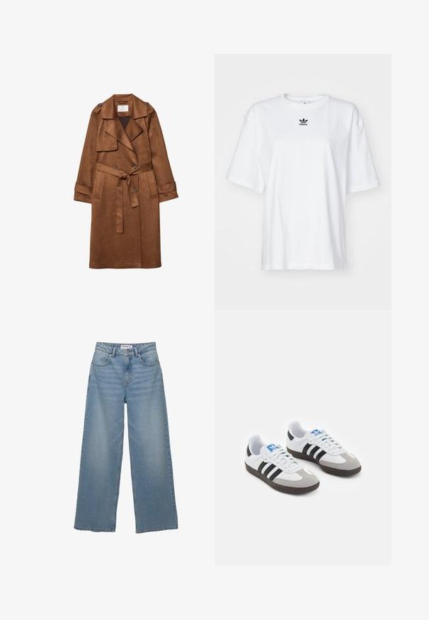 Brahna umetna ante mrena plašč z dvojnim zapenjanjem, pasom, velikimi ovratniki in stranskimi žepi. Ima dodatke z gumbi.; Bela kratka majica s kratkimi rokavi iz bombaža. Ima krožni ovratnik in majhen črn Adidasov logotip na prsih. Ravna podoba.; Svetlo modri široki jeans iz denima. Ima visok pas, pet žepov in ravno kroj z minimalnim bledenjem.; Športni čevlji z belim usnjenim zgornjim delom, sivim semišem na prstih in tremi črnimi črtami. Imajo modro logo na jeziku in teksturiran gumijast podplat.