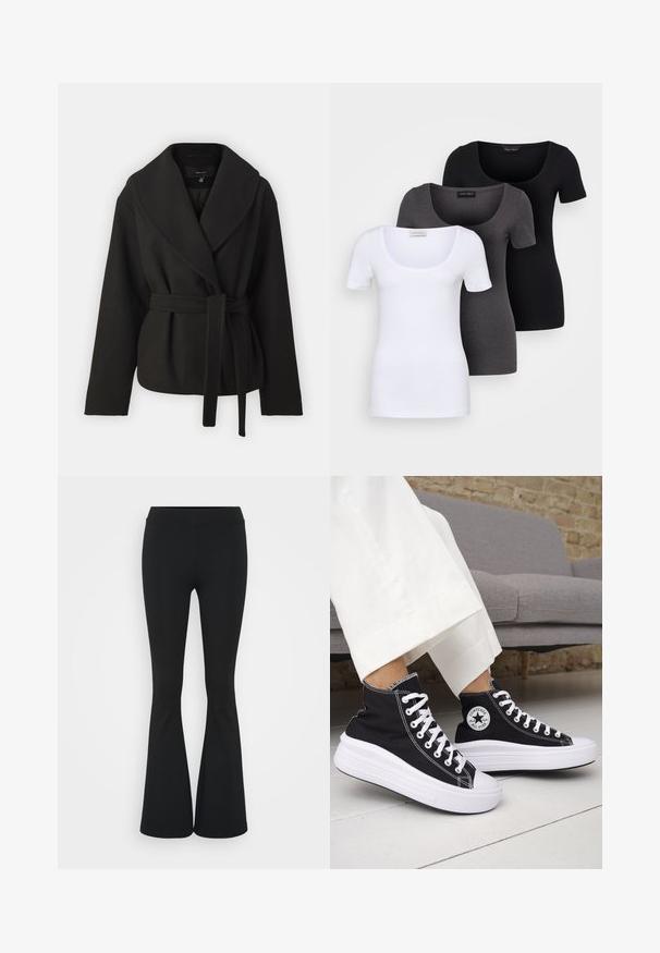 Vero Moda Tall VMANNE BERGEN JACKET - Lengva striukė - black; Trys priderinti marškiniai: balti, pilki ir juodi. Kiekvienas turi plačią apvalią iškirptę ir trumpas rankoves. Pagaminti iš lygaus, tamprių audinio.; Juodai platėjantys kelnių, pagamintų iš tamprių medžiagų, kurie turi aukštą juosmenį ir lygią tekstūrą. Kelnės platėja nuo kelio.; Juodi aukštakulniai sportbačiai su baltais guminiu padu ir raišteliais. Ant jų yra apvalus logotipo lopas ir kontrastingos baltos siūlės. Pagaminti iš drobės medžiagos.