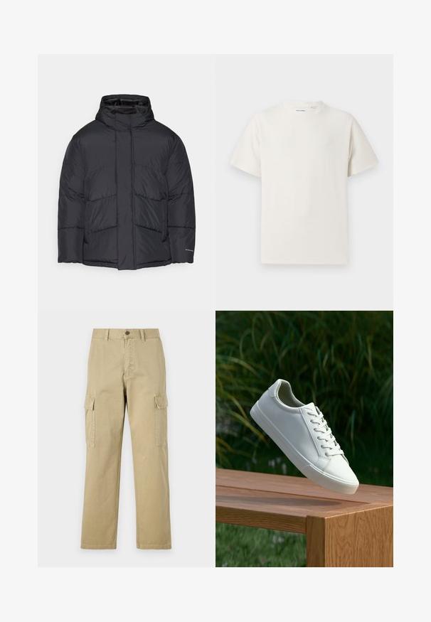 Jack & Jones JJWORLD PUFFER JACKET - Winter jacket - black; White short-sleeve T-shirt in a ribbed texture. Round neckline, relaxed fit, no visible patterns or accents. Simple and versatile design.; Beige cargo pants made of cotton, featuring two side pockets, a button closure, and straight legs with a slightly textured fabric.; White lace-up sneaker hovering above wooden bench with green foliage in the background, showcasing shoe design and texture.
