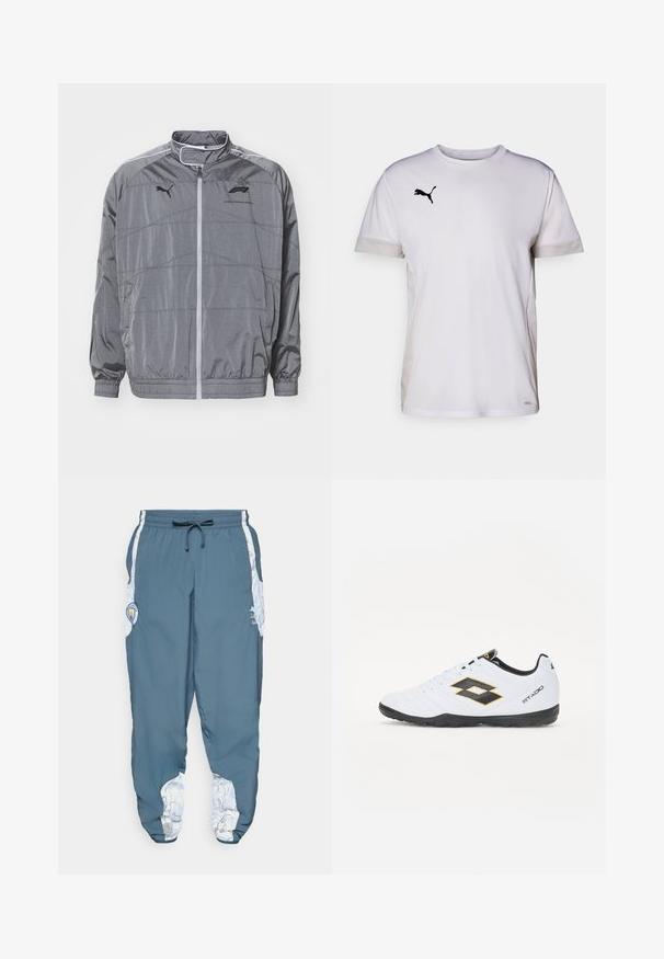 Gray zip-up jacket made from smooth, lightweight material. Features design lines, elastic cuffs, and a logo accent on the chest.; White short-sleeve athletic shirt with a round neckline, featuring breathable mesh accents on the sides and a black Puma logo on the chest.; Track pants in blue fabric with elastic waistband and drawstring. Side accents feature a white pattern. Includes a brand logo patch.; White sports shoes with black and yellow accents, featuring a textured upper, round toe, and a black rubber sole. The design includes a logo detail on the side.