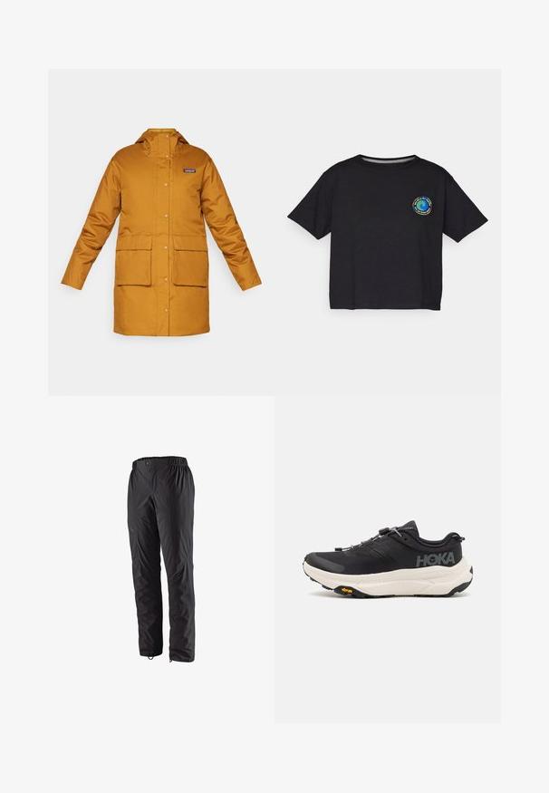 Cappotto impermeabile giallo con cappuccio, bottoni a pressione frontali, due grandi tasche anteriori e un patch con logo sul lato sinistro. Texture liscia.; T-shirt nera in cotone a maniche corte con un logo circolare multicolore sul petto. Orlo dritto e vestibilità comoda.; Pantaloni neri impermeabili con vita elastica, tasche laterali con zip, gambe affusolate e texture liscia. Adatti per attività all'aperto.; Scarpe da ginnastica nere con tomaia in mesh traspirante, suola in gomma, intersuola bianca ammortizzante e lacci riflettenti. Logo Vibram sulla suola.
