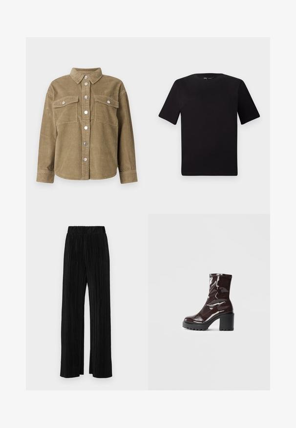 Olivovo zelená kordurová kožená bunda s klasickým golierom, predným zapínaním na gombíky, dvoma náprsníkovými vreckami a kovovými gombíkmi. Textúrovaná tkanina.; Čierne tričko s krátkym rukávom a okrúhlym výstrihom, vyrobené z mäkkej bavlny. Jednoduchý dizajn, bez viditeľných log alebo vzorov.; Čierne plisované nohavice s elastickým pásom. Majú široké nohavice a hladkú, textúrovanú látku s vertikálnymi pruhmi.; Lesklé burgundské kotníkové boty s robustním černým podpatkem, s hladkou strukturou a jednoduchým designem. Bez viditelných zapínání nebo vzorů.
