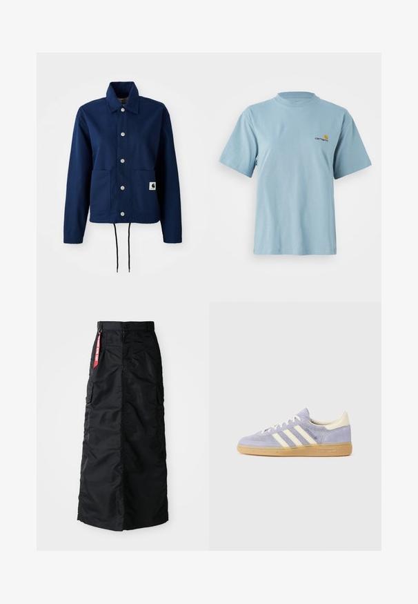 Veste bleu marine en tissu mélange de coton ; dotée d'une fermeture à boutons, de deux poches avant et d'un ourlet à cordon de serrage. Branding subtil sur la poche inférieure.; T-shirt en coton bleu clair à manches courtes avec col rond et petit logo Carhartt jaune et rouge sur la poitrine gauche.; Jupe longue noire avec bouton et fermeture éclair à l'avant, poches cargo latérales et une étiquette en tissu rouge "Remove Before Flight" sur la taille.; Baskets en daim violet avec trois rayures blanches, semelle en gomme et accents crème au talon et à la languette. Design minimaliste avec détail de logo.