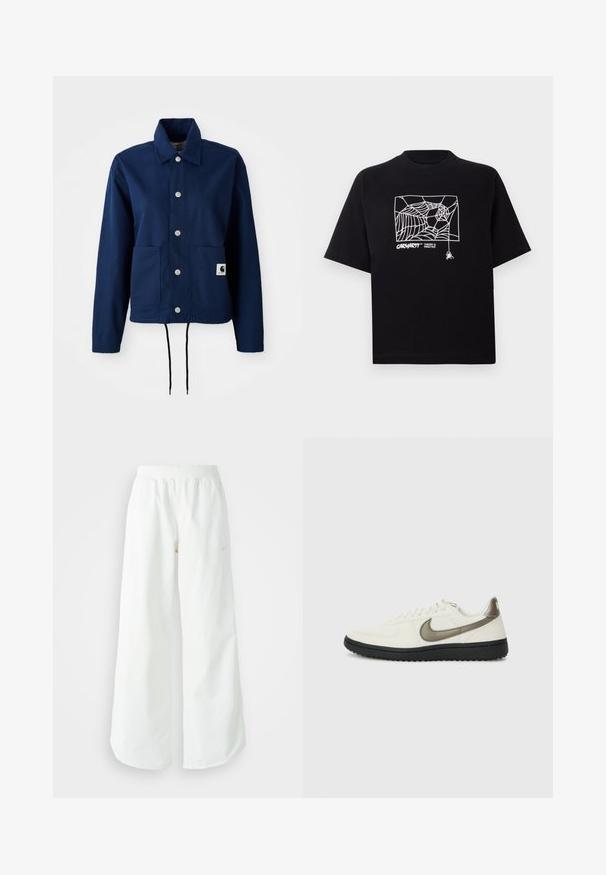 Mörkblå jacka i bomullsblandad tyg; har knäppning med knappar, två framfickor och dragsko i fållen. Subtil logotyp på den nedre fickan.; Svart t-shirt i bomull med korta ärmar. Har en vit spindelnätgrafik och logotyp på framsidan. Enkel rundad halsringning.; Vita vida atletiska byxor med breda ben och ribbad midja samt subtil logodetalj. Slät tyg med avslappnad passform och avsmalnande fåll.; Nike Sportswear FIELD GENERAL - Sneakers - off-white/black
